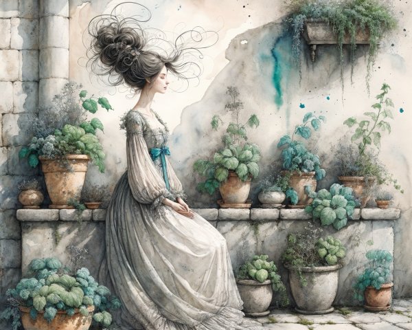 Young Woman in Elegant Dress Surrounded by Potted Plants