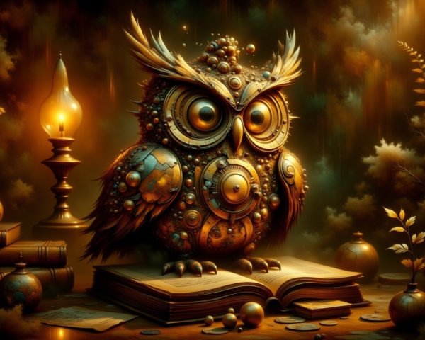 Steampunk Owl on Open Book with Lantern and Coins