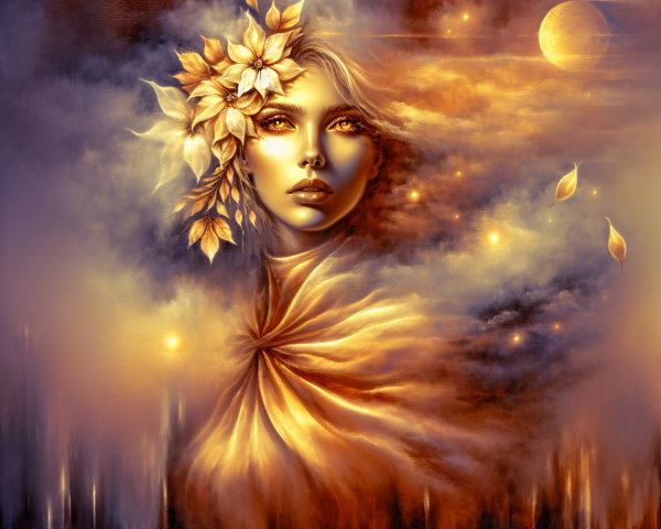Portrait of a woman in golden clouds with flowers