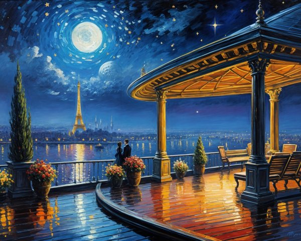 Romantic riverside terrace with Eiffel Tower view