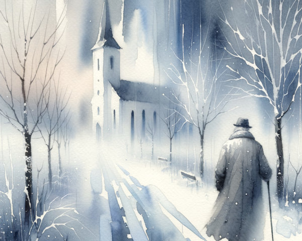 Solitary Figure Walking on Snowy Path to Church