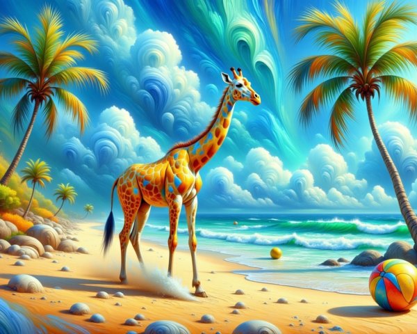 Vibrant Beach Scene with Giraffe and Palm Trees