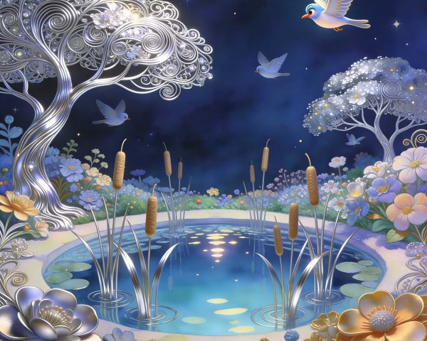 Opulent Dreamy Landscape with Serene Pond at Dusk