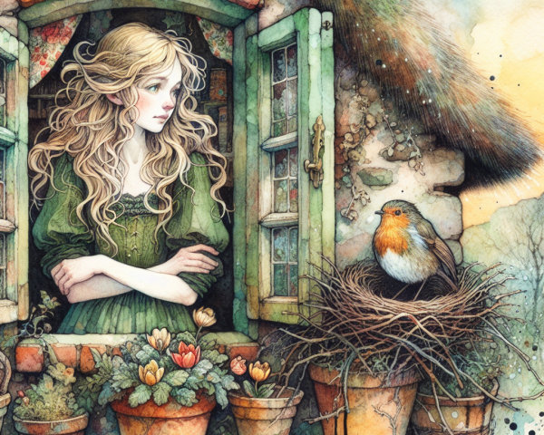 Young Woman by Rustic Window with Nature Elements