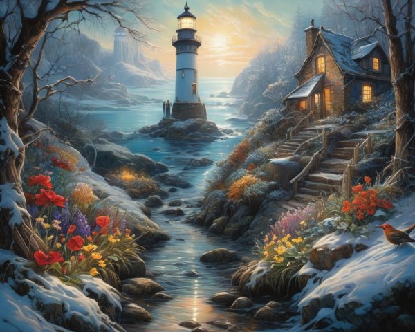 Coastal Scene with Lighthouse and Charming Cottage