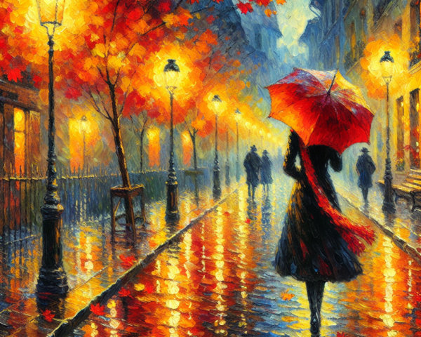 Impressionistic Rainy Street Scene with Autumn Colors