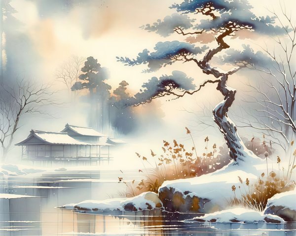 Watercolor Winter Landscape with Japanese Architecture