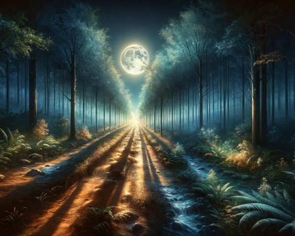 Moonlit Forest Path with Lush Foliage and Streams