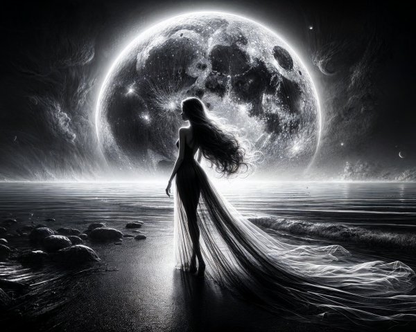 Mysterious Figure by the Shore Under Full Moonlight