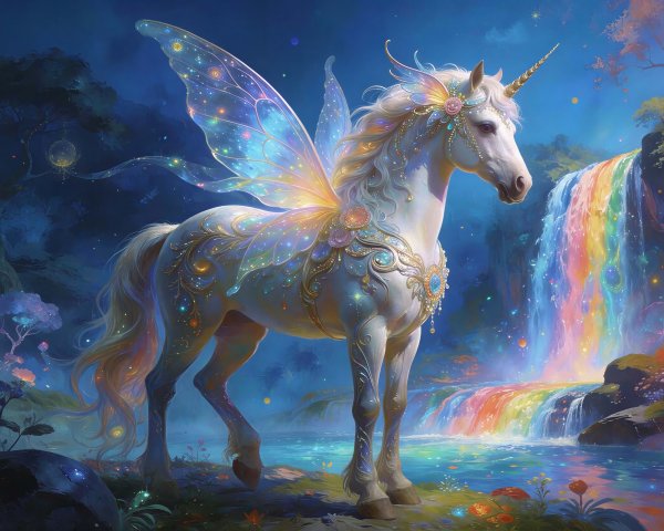 Unicorn with Iridescent Wings by Rainbow Waterfall