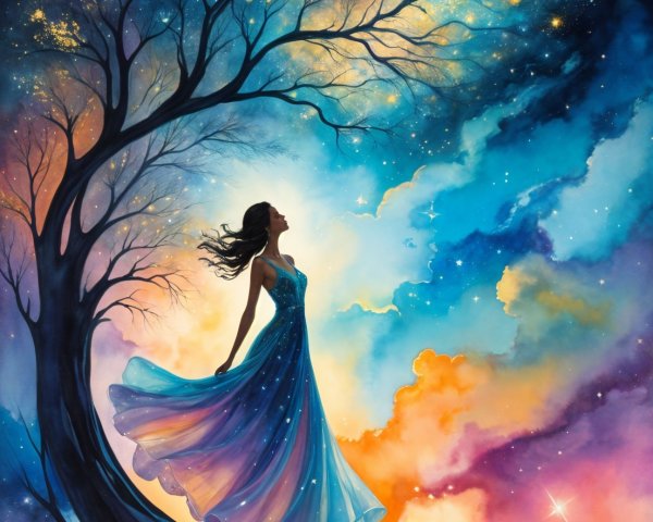 Ethereal Woman in Vibrant Dress by Whimsical Tree