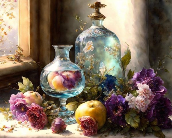 Elegant still life with glass bottles and vibrant flowers