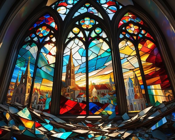 Stained Glass Window with Skyline and Sunset Colors