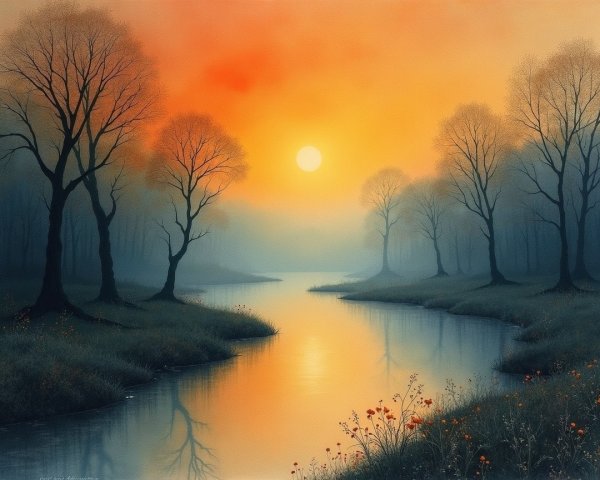 Tranquil River in Misty Dawn Landscape with Flowers