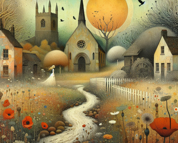 Whimsical Landscape with Stream and Quaint Cottages