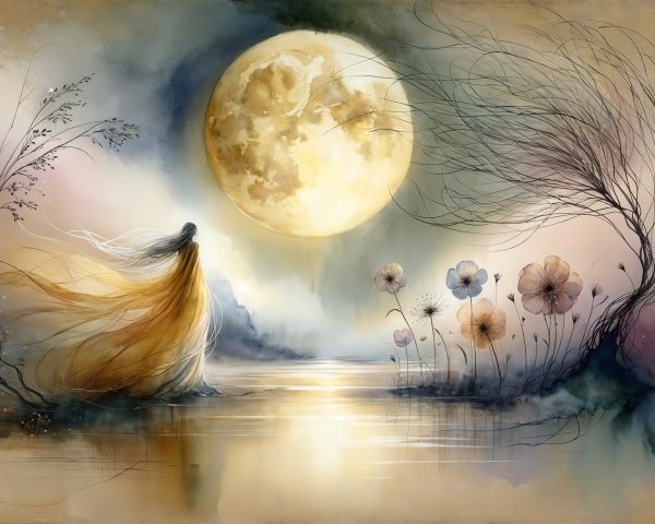 Mystical Scene with Serene Figure and Full Moon