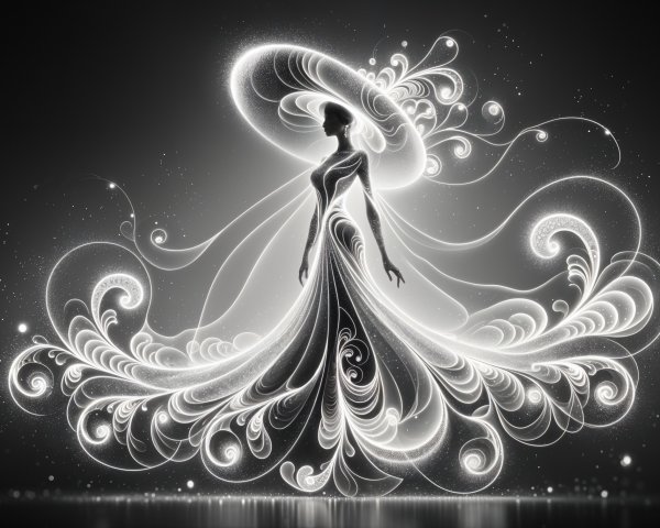 Silhouette of a Woman in an Elegant Gown and Hat