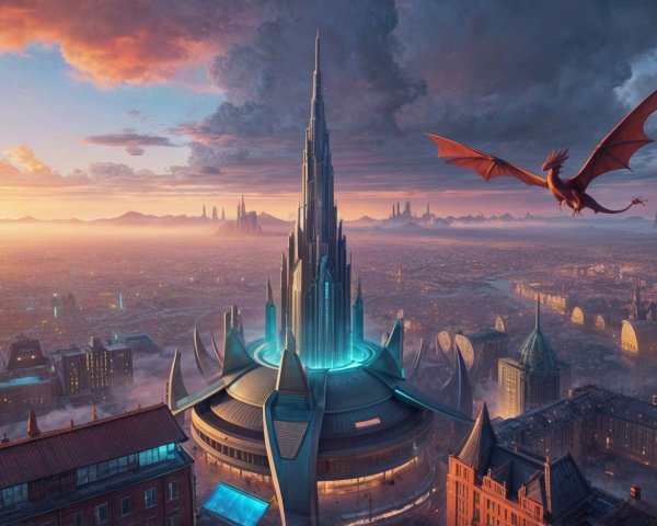 Futuristic cityscape with crystalline spire and dragon