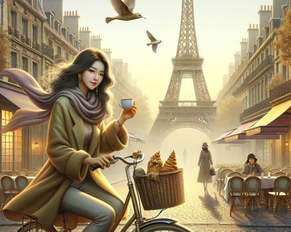 Young Woman Biking in Paris with Coffee and Eiffel Tower