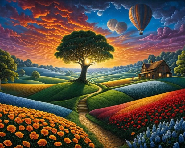 Vibrant Landscape with Colorful Flowers and Balloons