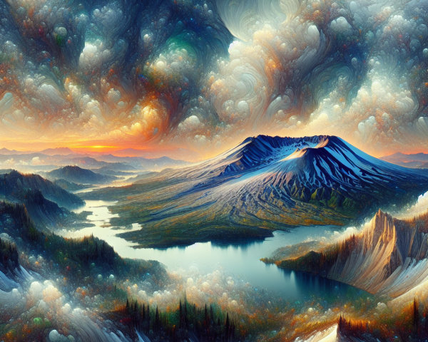 Surreal Landscape with Majestic Mountain and Lake
