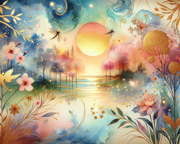 Dreamlike Landscape with Serene Lake and Pastel Hues