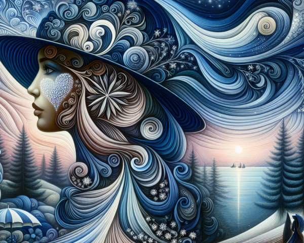 Stylized Woman with Flowing Hair and Serene Landscape