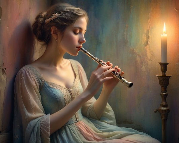 Young Woman in Pastel Gown Playing Silver Flute