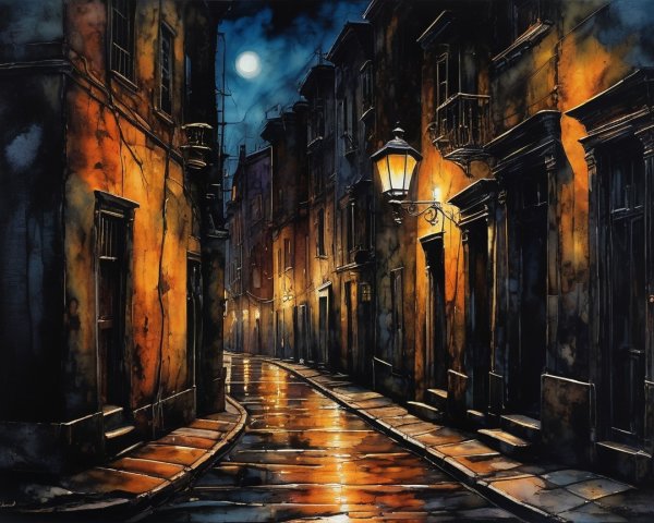 Narrow Street with Lanterns and Moonlit Cobblestones