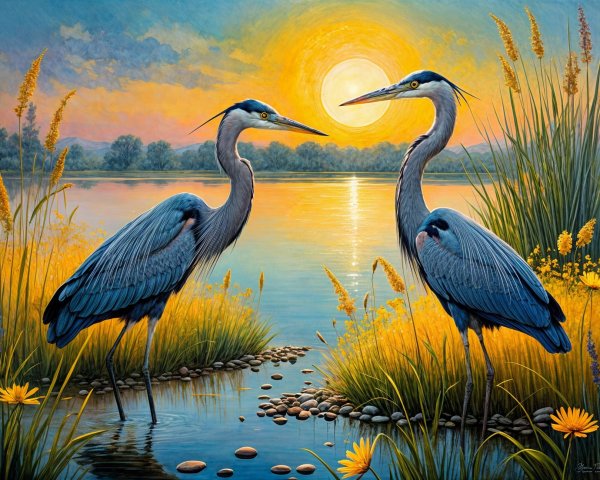 Herons by a serene lake at sunrise with vibrant colors