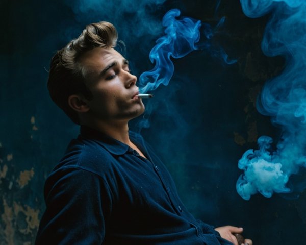 Young man in contemplative pose against dark wall