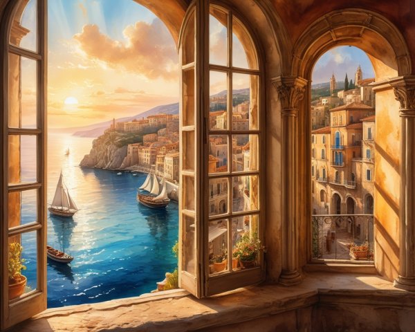 View of a Coastal Village from a Quaint Window