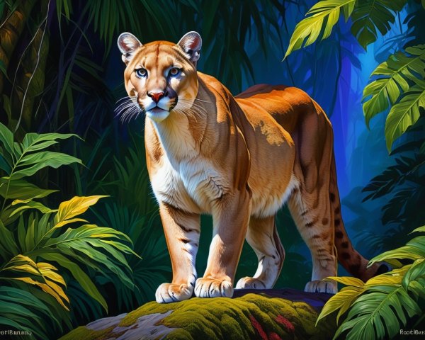 Cougar on Rock Surrounded by Lush Jungle Foliage
