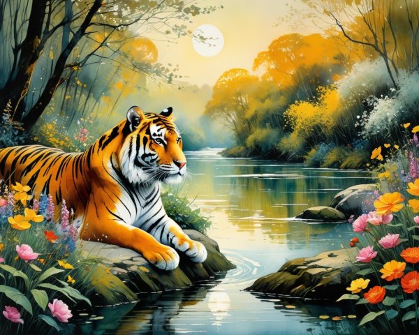 Tiger by Tranquil River with Wildflowers and Sunlight