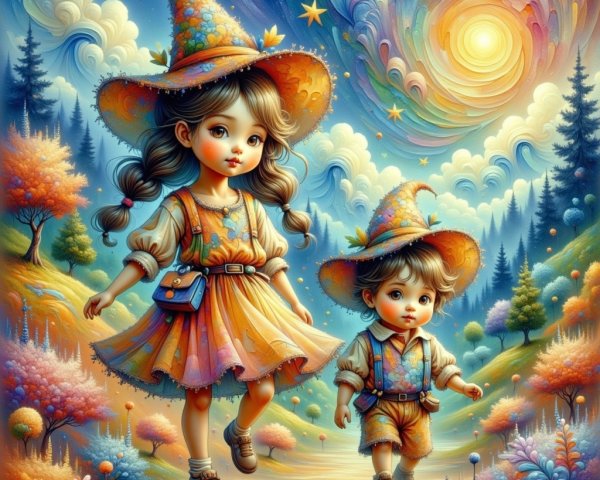 Colorful Scene of Two Children on a Magical Path