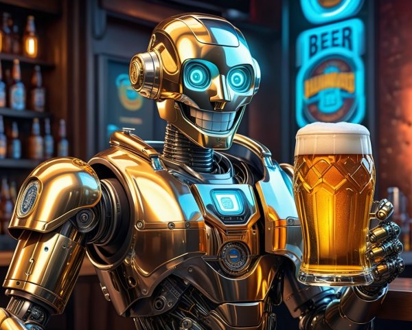 Golden Robot with Beer in a Lively Bar Setting