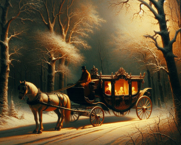 Horse-Drawn Carriage in Snowy Winter Forest Scene