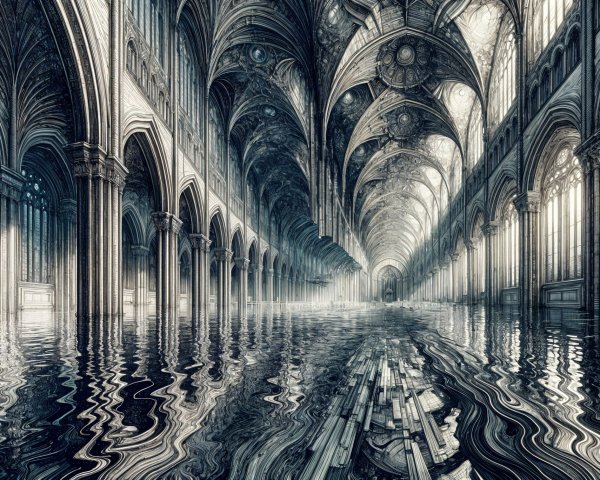 Surreal Cathedral Interior with Water Reflections