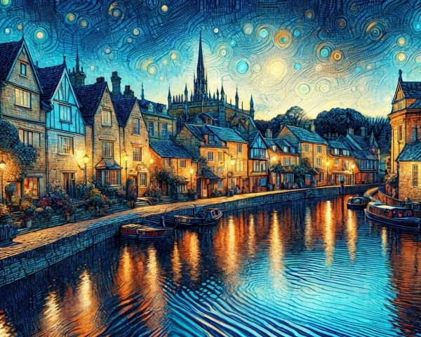 Serene Riverside Scene with Starry Sky and Gothic Spire