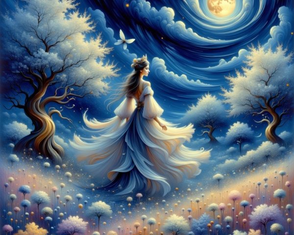 Serene Woman in Dreamlike Landscape with Luminous Moon