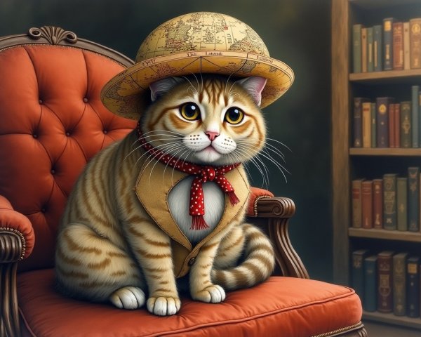 Orange Tabby Cat in Vintage Hat on Ornate Armchair