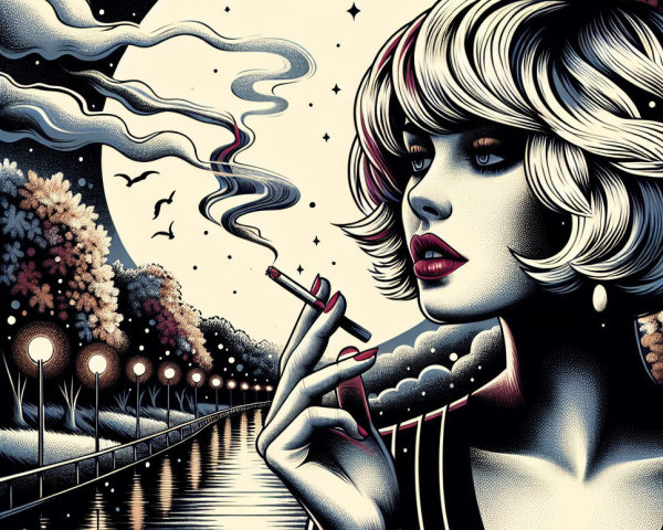 Retro Woman by Moonlit River with Dreamy Atmosphere