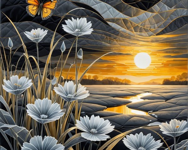 Serene Landscape with White Flowers and Sunset Reflection