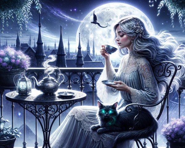 Moonlit Balcony with Gothic Architecture and Tea Scene