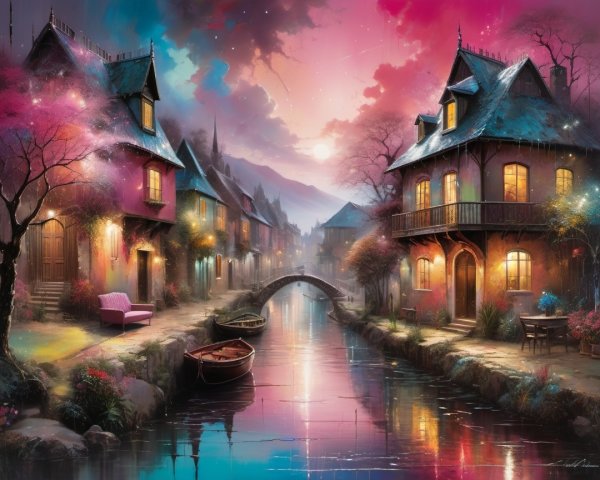 Twilight Village Scene with Canal and Charming Homes