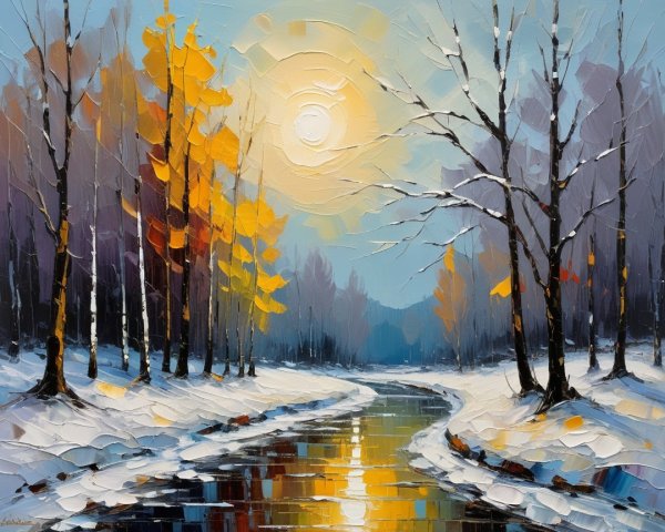 Serene Winter Landscape with River and Snowy Trees