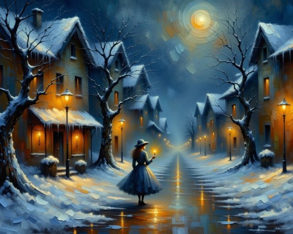Winter Night Scene in a Snowy Village Setting
