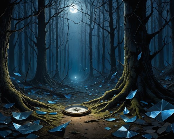 Compass on a Path in an Enchanted Forest Scene