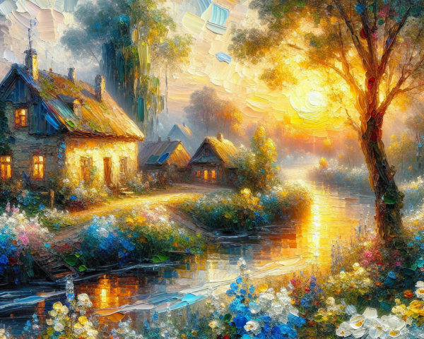 Serene Landscape with Sunset and Cottages by River
