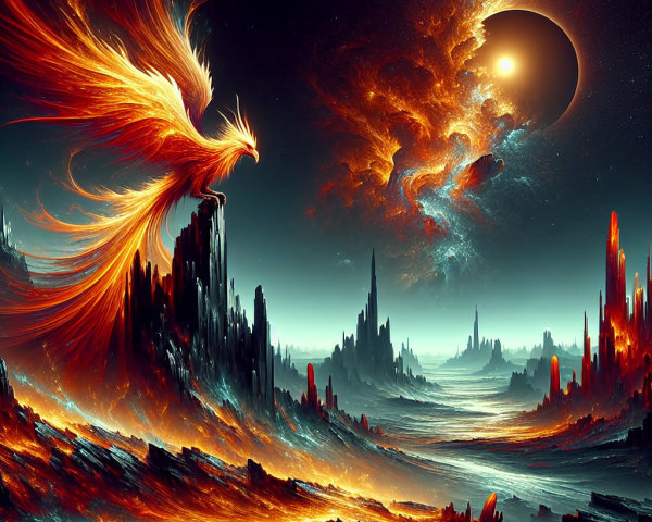 Majestic phoenix on a jagged mountain in cosmic landscape